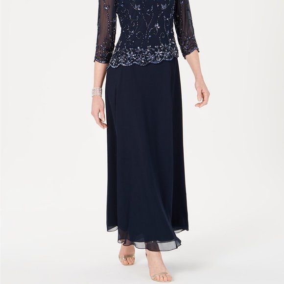 J Kara Beaded-Overlay Gown Navy Blue Size 8 - Picture 4 of 4